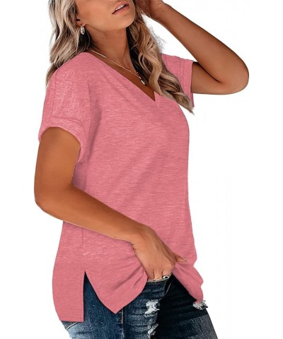 Plus-Size Tops for Women V Neck T Shirts Short Sleeve Side Split Tunics 08-pink $11.27 T-Shirts