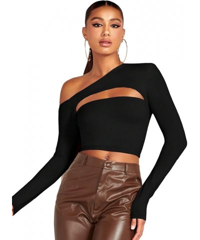 Women's Cut Out One Shoulder Long Sleeve Crop Tee Asymmetrical Fitted T-Shirts Tops Black $13.64 T-Shirts