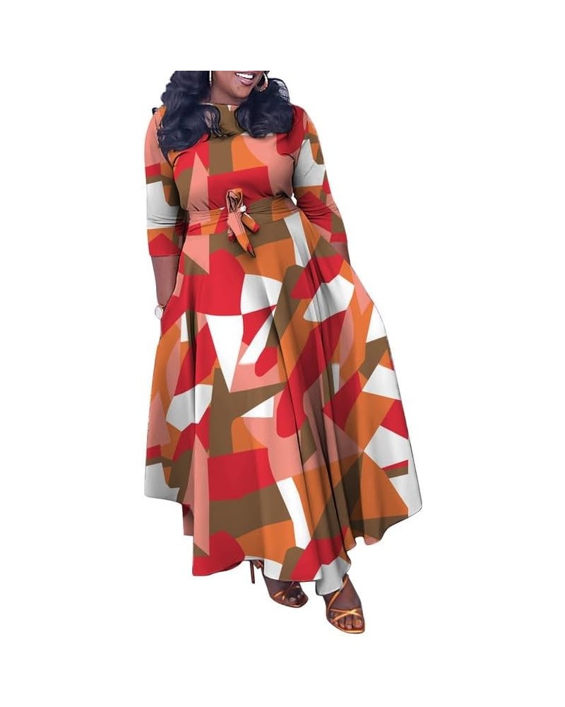 Women's Long Sleeve V Neck Long Maxi Dress Loose African Floral Print A Line Skirt Dresses Plus Size with Belt Square Grid $2...