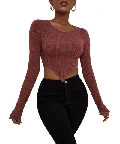 Women's Crew Neck Long Sleeve Asymmetrical Hem Ribbed Knit Tee Shirt Pullover Crop Top Redwood $8.24 T-Shirts