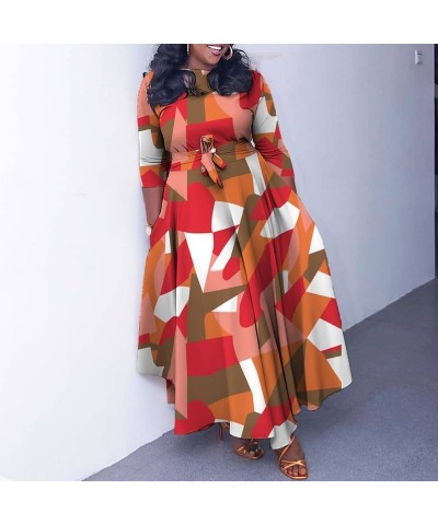 Women's Long Sleeve V Neck Long Maxi Dress Loose African Floral Print A Line Skirt Dresses Plus Size with Belt Square Grid $2...