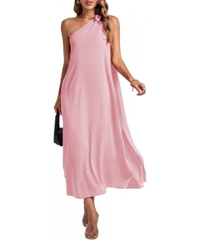 Women's One Shoulder Bow Tie Sleeveless High Split Party Sexy Maxi Dress Solid Light Pink $21.15 Dresses