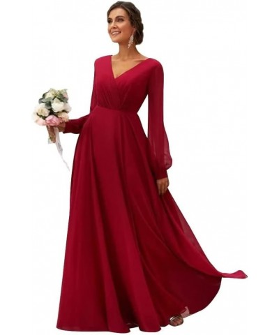 Long Sleeve Bridesmaid Dresses V-Neck Ruched Chiffon Formal Evening Gowns with Pockets Wine $29.06 Dresses