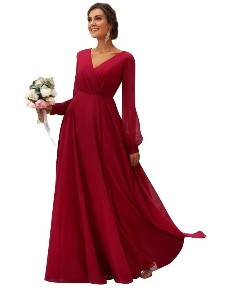 Long Sleeve Bridesmaid Dresses V-Neck Ruched Chiffon Formal Evening Gowns with Pockets Wine $29.06 Dresses