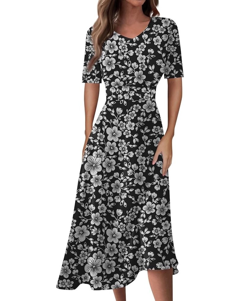 Summer Spring Dress for Women Casual Fashion Short Sleeve Dress Floral Printed Slim Fit Midi Dress 01-dark Gray $7.90 Dresses