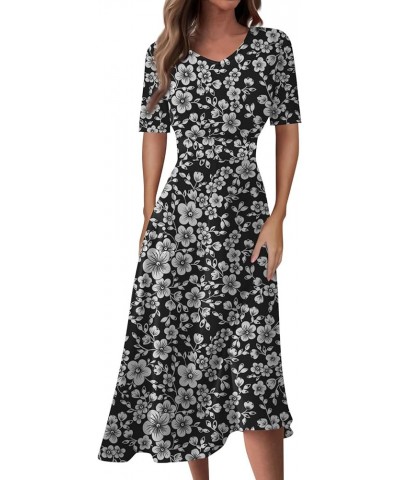 Summer Spring Dress for Women Casual Fashion Short Sleeve Dress Floral Printed Slim Fit Midi Dress 01-dark Gray $7.90 Dresses