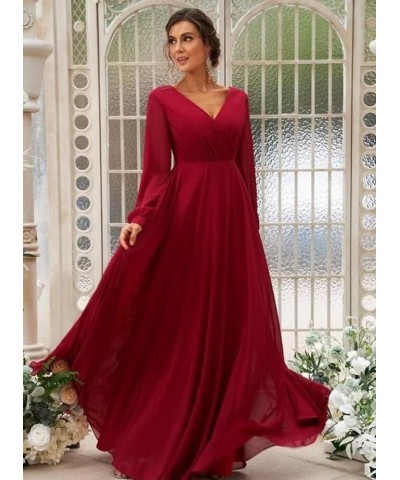 Long Sleeve Bridesmaid Dresses V-Neck Ruched Chiffon Formal Evening Gowns with Pockets Wine $29.06 Dresses