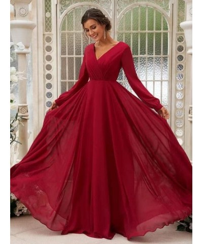 Long Sleeve Bridesmaid Dresses V-Neck Ruched Chiffon Formal Evening Gowns with Pockets Wine $29.06 Dresses