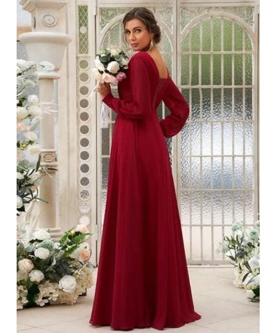 Long Sleeve Bridesmaid Dresses V-Neck Ruched Chiffon Formal Evening Gowns with Pockets Wine $29.06 Dresses