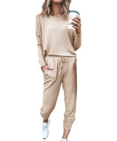 2Pc Women Color Suit Long Sleeve Leisure Pocket Home Sweatpants Sets Christmas Party Outfit Khaki $3.75 Activewear