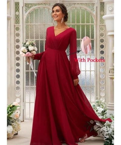 Long Sleeve Bridesmaid Dresses V-Neck Ruched Chiffon Formal Evening Gowns with Pockets Wine $29.06 Dresses