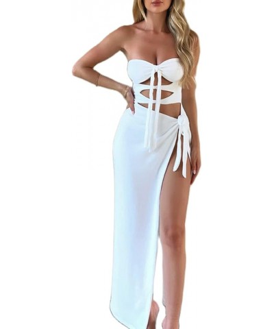 Women Sexy Strapless Maxi Dress Ruched Twist Knot Midi Dresses Sleeveless Cut Out Slit Long Dress Cocktail Party High Slit Wh...