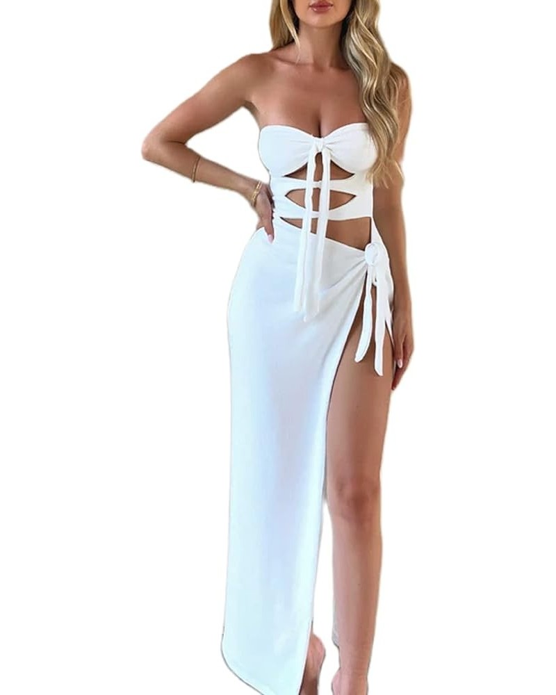 Women Sexy Strapless Maxi Dress Ruched Twist Knot Midi Dresses Sleeveless Cut Out Slit Long Dress Cocktail Party High Slit Wh...