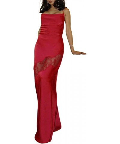 Women's Satin Spaghetti Strap Long Dress Sexy V Neck Sleeveless Lace Patchwork Slip Slik Dress for Party Evenin Y2 Red $9.02 ...