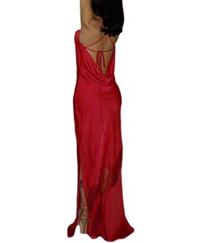 Women's Satin Spaghetti Strap Long Dress Sexy V Neck Sleeveless Lace Patchwork Slip Slik Dress for Party Evenin Y2 Red $9.02 ...