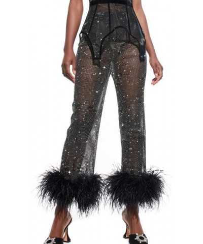 Women's Sparkly Sheer Mesh Fishnet Pants Feather Trim High Waist Shiny See Through Trousers Festival Club Rave Outfit Black $...