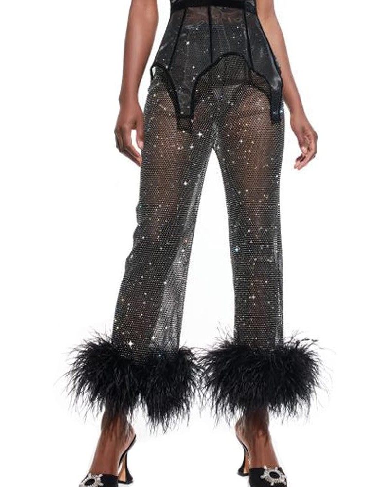 Women's Sparkly Sheer Mesh Fishnet Pants Feather Trim High Waist Shiny See Through Trousers Festival Club Rave Outfit Black $...