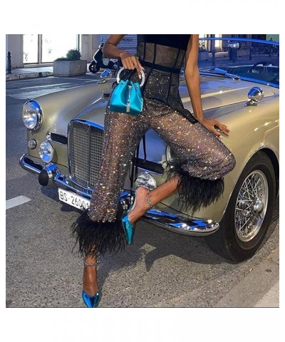 Women's Sparkly Sheer Mesh Fishnet Pants Feather Trim High Waist Shiny See Through Trousers Festival Club Rave Outfit Black $...