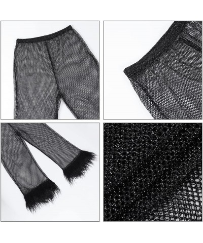 Women's Sparkly Sheer Mesh Fishnet Pants Feather Trim High Waist Shiny See Through Trousers Festival Club Rave Outfit Black $...