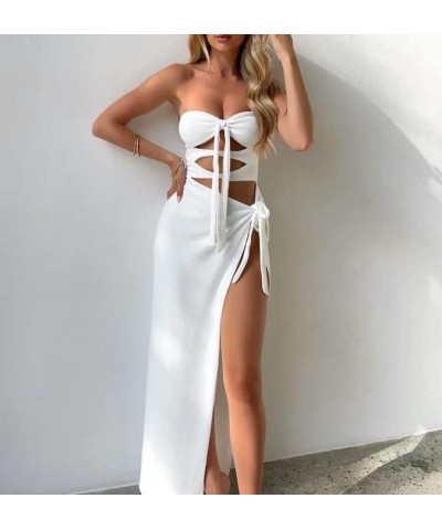 Women Sexy Strapless Maxi Dress Ruched Twist Knot Midi Dresses Sleeveless Cut Out Slit Long Dress Cocktail Party High Slit Wh...