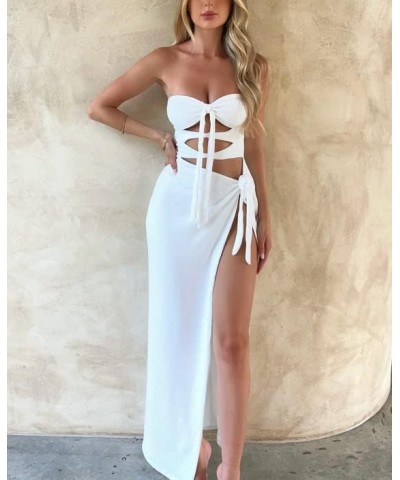 Women Sexy Strapless Maxi Dress Ruched Twist Knot Midi Dresses Sleeveless Cut Out Slit Long Dress Cocktail Party High Slit Wh...