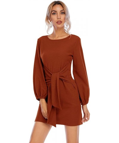 Women's Autumn Winter Cotton Long Sleeves Elegant Knitted Bodycon Tie Waist Sweater Pencil Dress Burnt Orange $15.21 Dresses