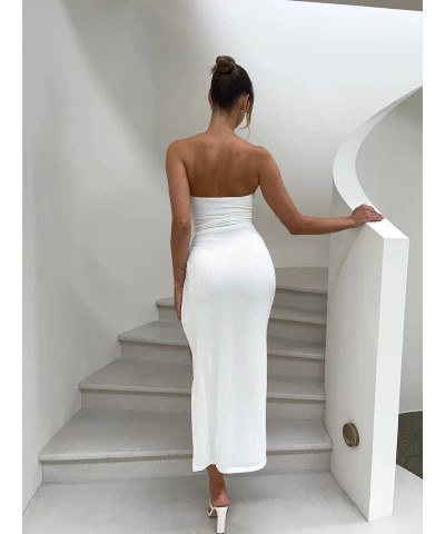 Women Sexy Strapless Maxi Dress Ruched Twist Knot Midi Dresses Sleeveless Cut Out Slit Long Dress Cocktail Party High Slit Wh...