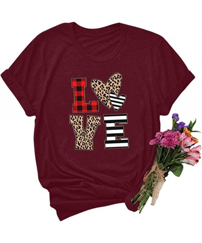 Womens Valentines Day Shirt 2024 Trendy Leopard Love Heart Graphic Tees Casual Crewneck T-Shirt Spring Short Sleeve Clothes A...