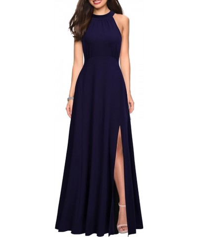 Women's High Neck Sleeveless A-Line Split Evening Cocktail Long Dress Navy Blue $29.90 Dresses