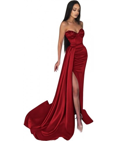 Strapless Prom Dress Long 2024 Mermaid Satin Ball Gowns for Women Pleated Beaded Formal Dresses with Slit Burgundy $37.40 Dre...