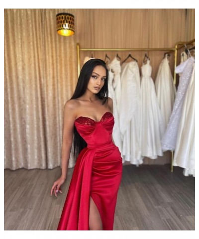 Strapless Prom Dress Long 2024 Mermaid Satin Ball Gowns for Women Pleated Beaded Formal Dresses with Slit Burgundy $37.40 Dre...