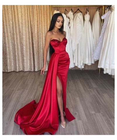 Strapless Prom Dress Long 2024 Mermaid Satin Ball Gowns for Women Pleated Beaded Formal Dresses with Slit Burgundy $37.40 Dre...