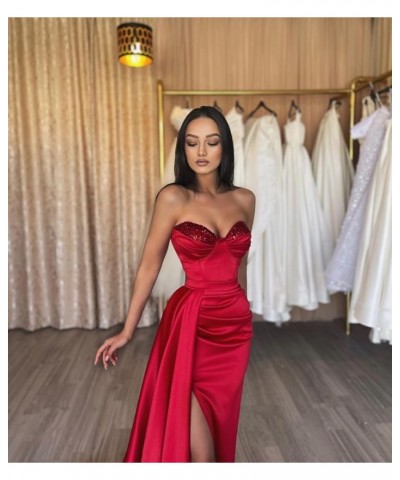 Strapless Prom Dress Long 2024 Mermaid Satin Ball Gowns for Women Pleated Beaded Formal Dresses with Slit Burgundy $37.40 Dre...