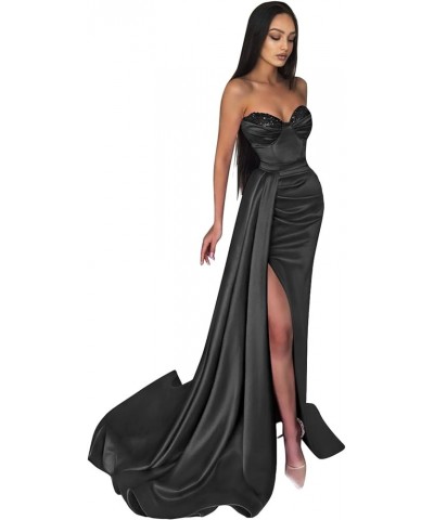 Strapless Prom Dress Long 2024 Mermaid Satin Ball Gowns for Women Pleated Beaded Formal Dresses with Slit Burgundy $37.40 Dre...