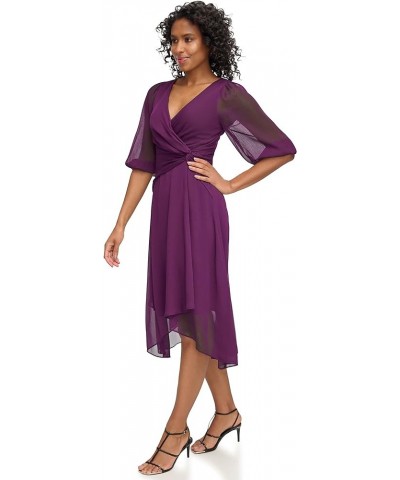 Women's Chiffon 3/4 Sleeve Faux Wrap Dress Wine $50.52 Dresses