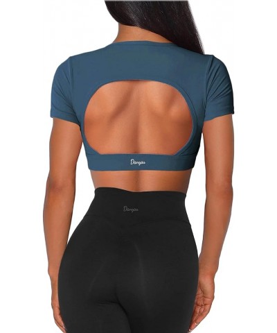 Open Back Crop Tops with Removable Pad Backless Workout Gym Shirt Bra Going Out Top 2.short Atlantic Blue $14.69 Activewear