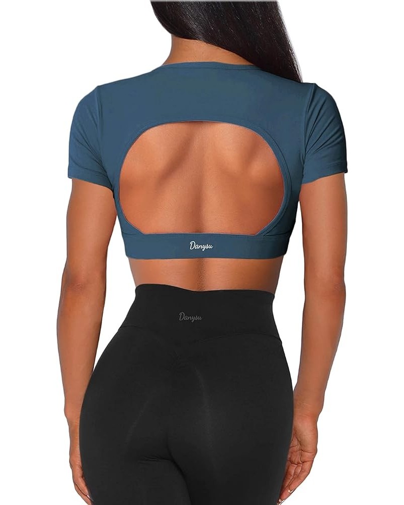 Open Back Crop Tops with Removable Pad Backless Workout Gym Shirt Bra Going Out Top 2.short Atlantic Blue $14.69 Activewear