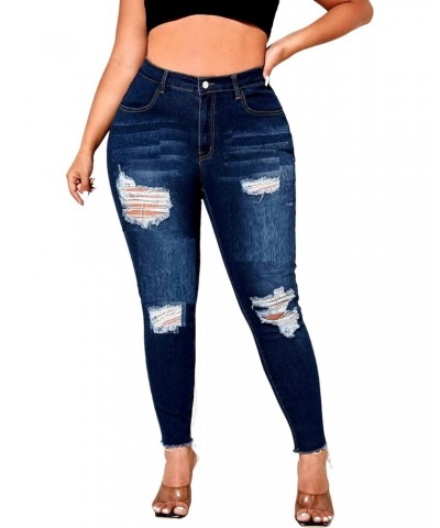 Womens Plus Size Ripped Destroy Blue Denim Roll up Distressed Jeans Pants $19.68 Jeans