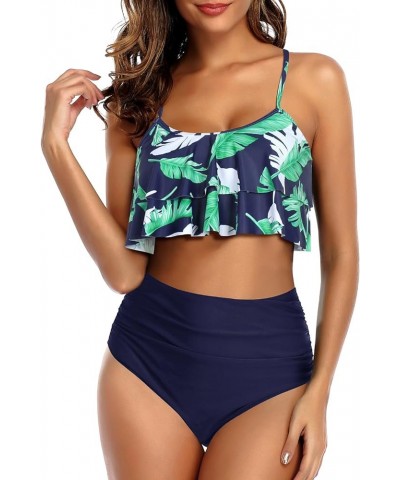 Women Two Piece Swimsuits Ruffle High Waisted Bikini Ruched Bathing Suit with Bottom 1 Green Leaf Navy $20.71 Swimsuits