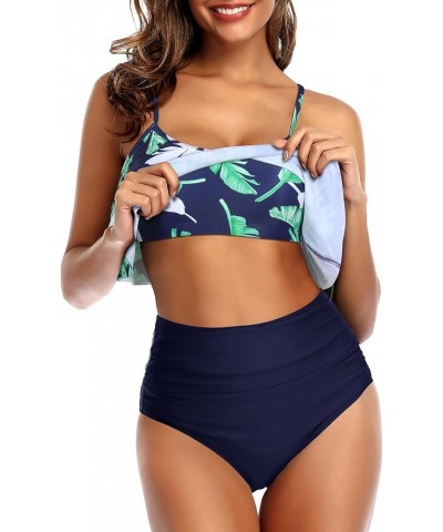 Women Two Piece Swimsuits Ruffle High Waisted Bikini Ruched Bathing Suit with Bottom 1 Green Leaf Navy $20.71 Swimsuits