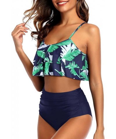 Women Two Piece Swimsuits Ruffle High Waisted Bikini Ruched Bathing Suit with Bottom 1 Green Leaf Navy $20.71 Swimsuits