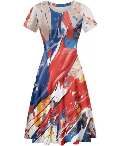 Women Summer Casual Colorful Splash Oil Paint Print Short Sleeve Midi Dresses S-4XL Red Pigments $14.55 Dresses