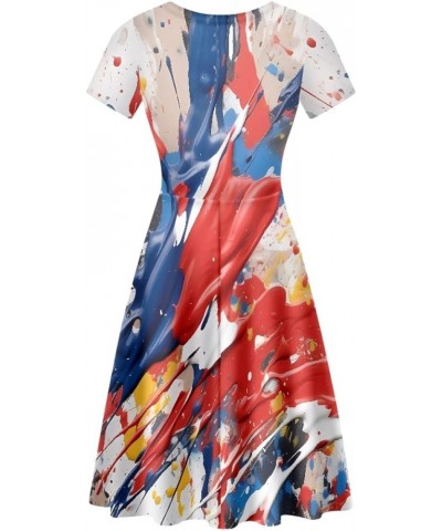 Women Summer Casual Colorful Splash Oil Paint Print Short Sleeve Midi Dresses S-4XL Red Pigments $14.55 Dresses