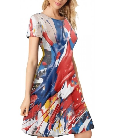 Women Summer Casual Colorful Splash Oil Paint Print Short Sleeve Midi Dresses S-4XL Red Pigments $14.55 Dresses