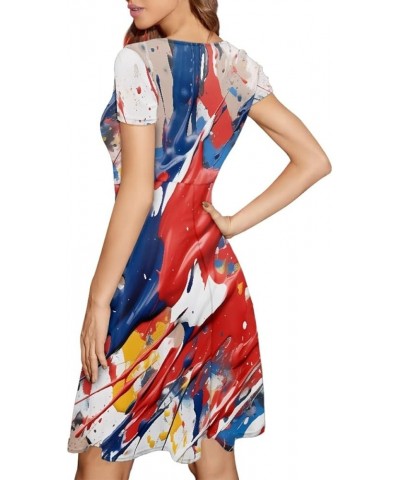 Women Summer Casual Colorful Splash Oil Paint Print Short Sleeve Midi Dresses S-4XL Red Pigments $14.55 Dresses