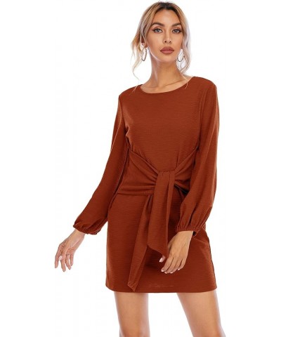 Women's Autumn Winter Cotton Long Sleeves Elegant Knitted Bodycon Tie Waist Sweater Pencil Dress Burnt Orange $15.21 Dresses