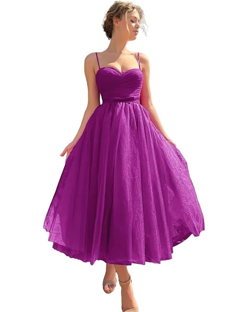 Spaghetti Straps Tulle Prom Dress for Women 2023 Tea Length Teens Formal Evening Party Dress with Pockets YO034 Fuchsia $31.0...