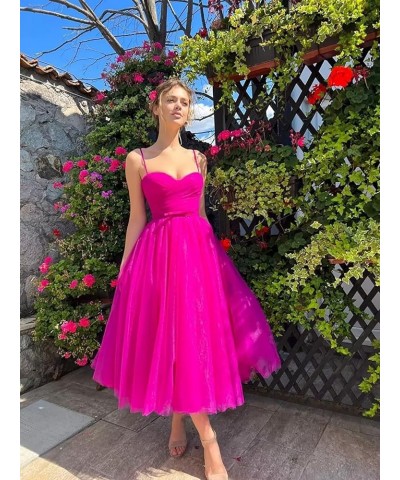 Spaghetti Straps Tulle Prom Dress for Women 2023 Tea Length Teens Formal Evening Party Dress with Pockets YO034 Fuchsia $31.0...