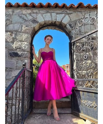 Spaghetti Straps Tulle Prom Dress for Women 2023 Tea Length Teens Formal Evening Party Dress with Pockets YO034 Fuchsia $31.0...