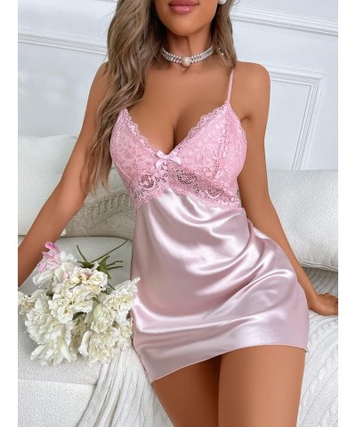 Women's Satin Spaghetti Strap V Neck Floral Lace Cami Night Dress Criss Cross Nightgown Lingerie Dress Baby Pink $14.49 Sleep...